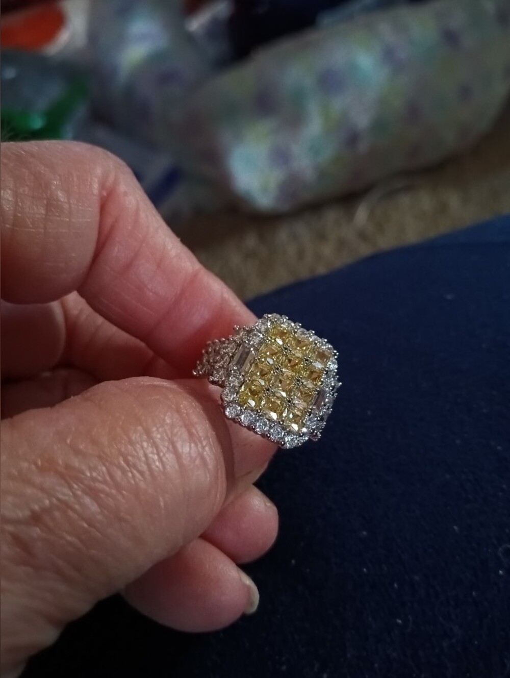 Size 6 Canary & White Gorgeous CZ Cluster Ring Baguette Square Rounds Silver Set